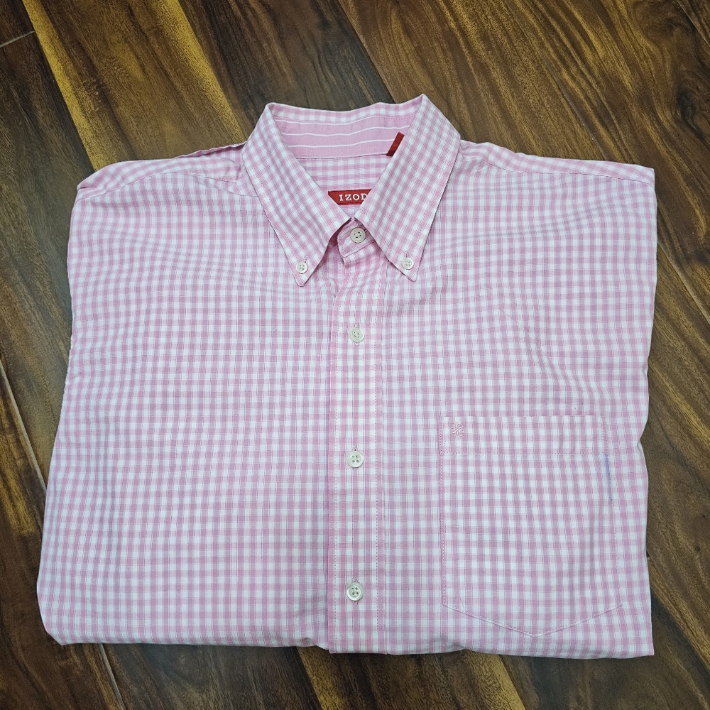 IZOD Button Up Shirt Mens Large Long Sleeve Pink White Plaid Cotton
